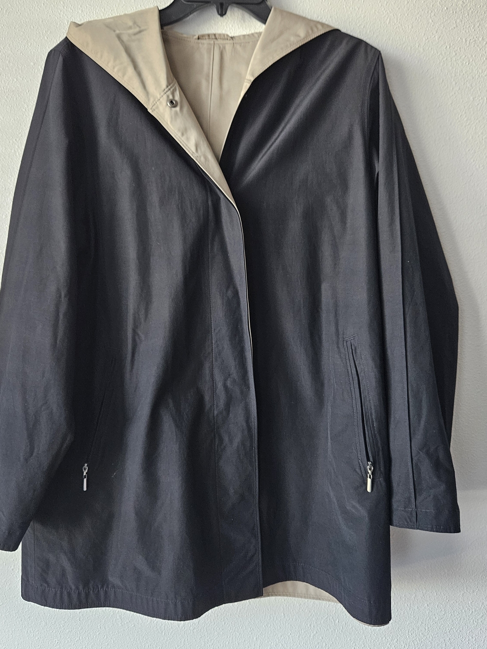 Jones New York Rain Coat Women's Black Hooded Reversible Black/Cream Size Medium